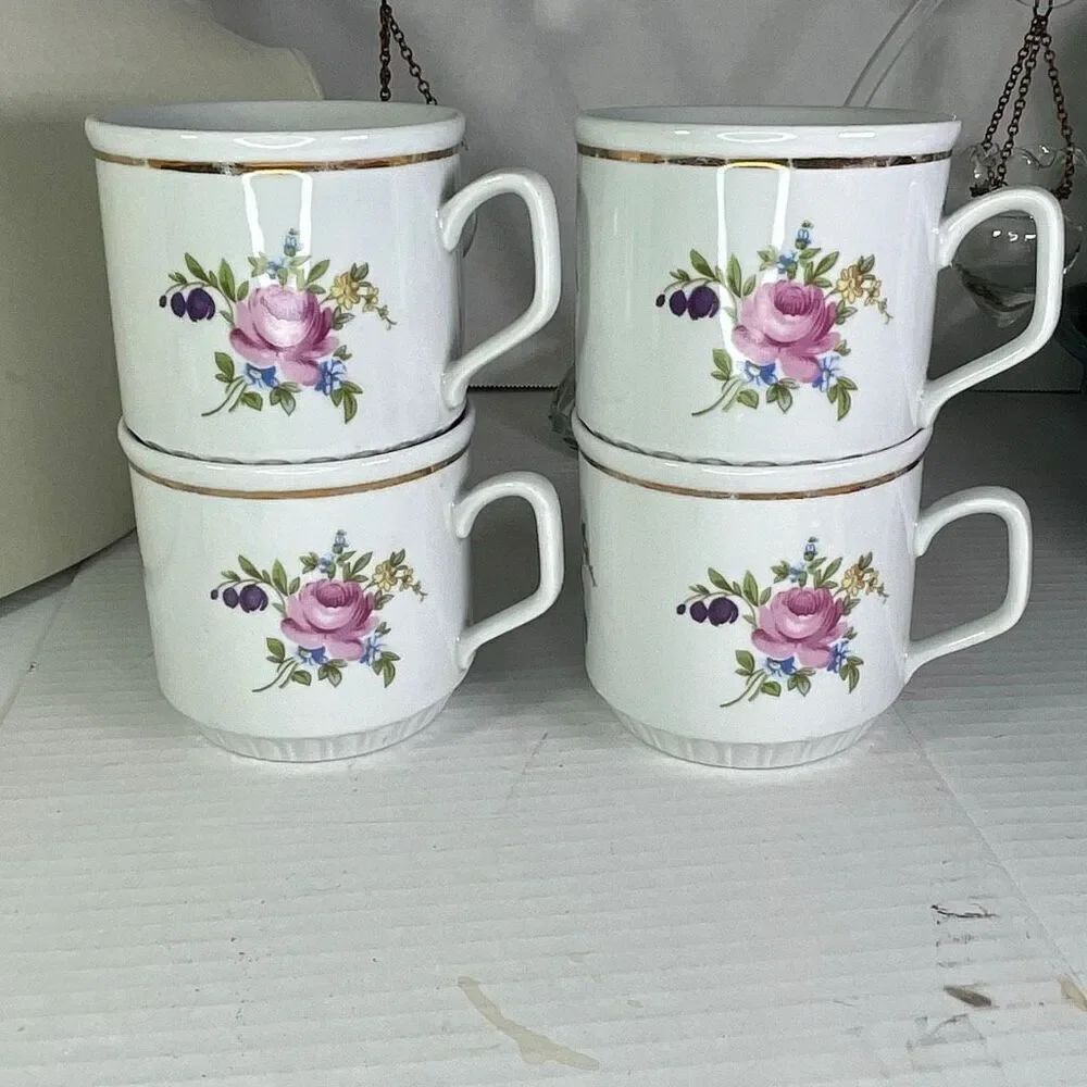 Vintage JLMENAU rose floral lot of 4 coffee mug German Democratic Republic.